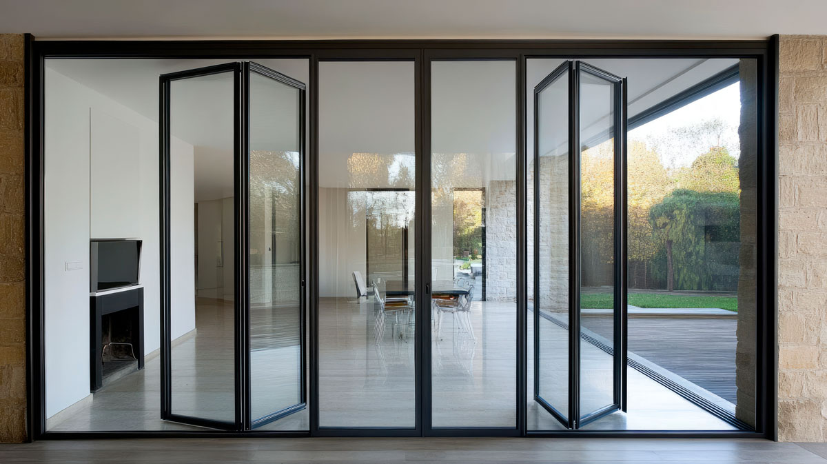 Diseño interior moderno con un cerramiento de vidrio plegable enmarcadas en negro, que conecta la estancia con un jardín exterior