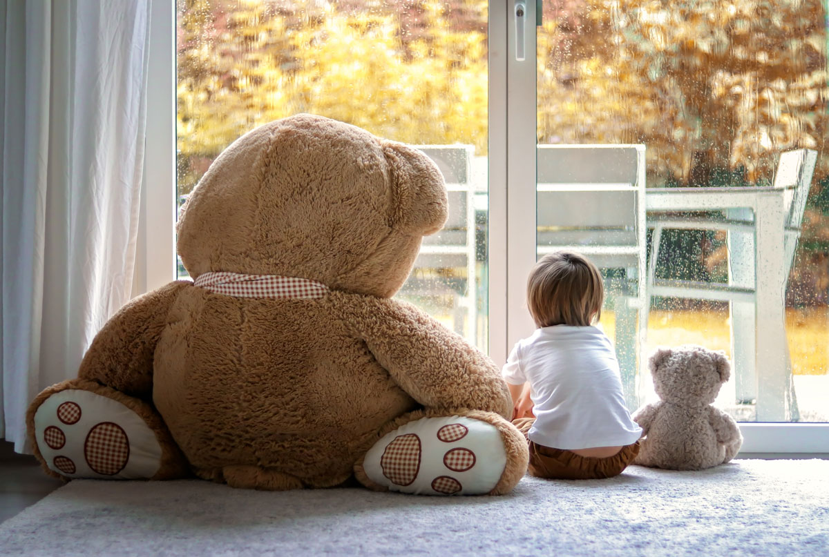 Niño con osos de peluche mirando por la ventana en un hogar seguro con vidrio CLIMALIT®