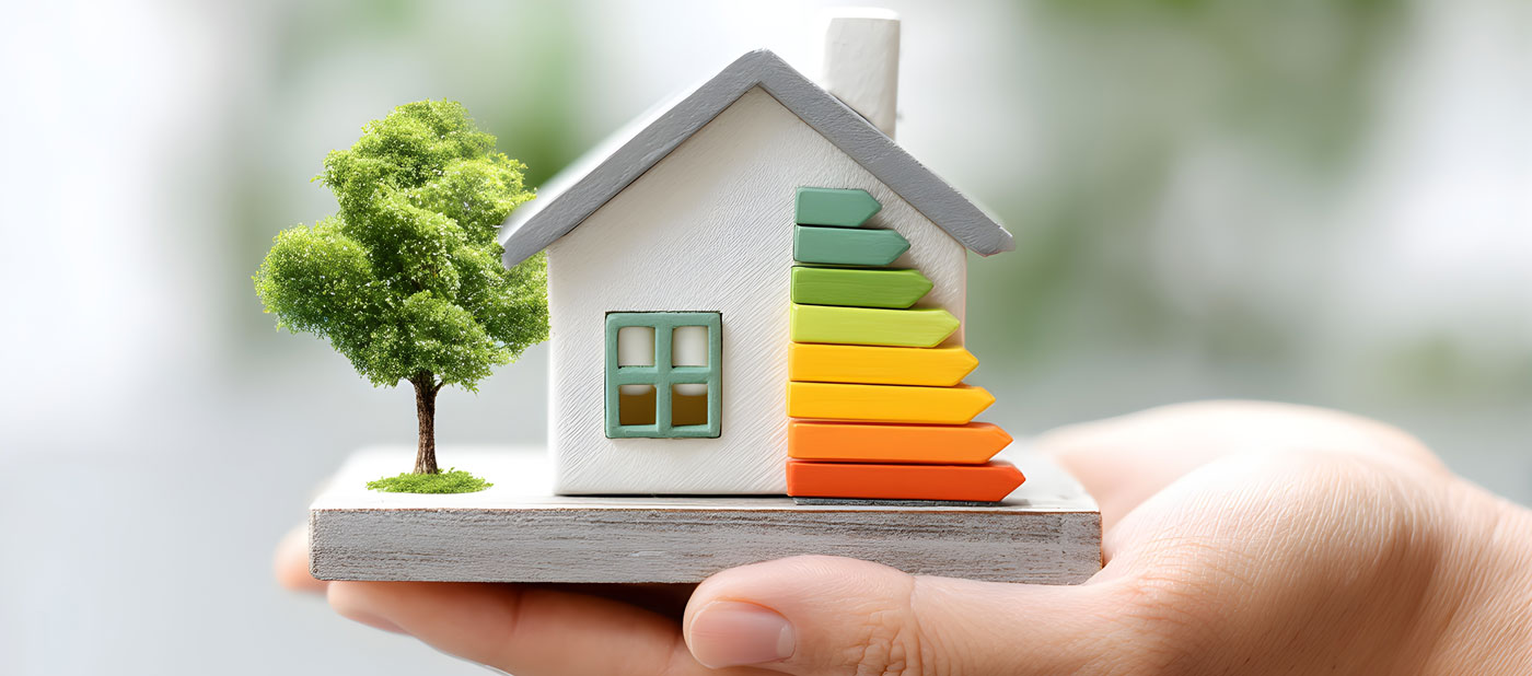 Modelo de casa con etiquetas de eficiencia energética de colores y un árbol, sostenida en manos, simbolizando sostenibilidad y ahorro energético en el hogar.