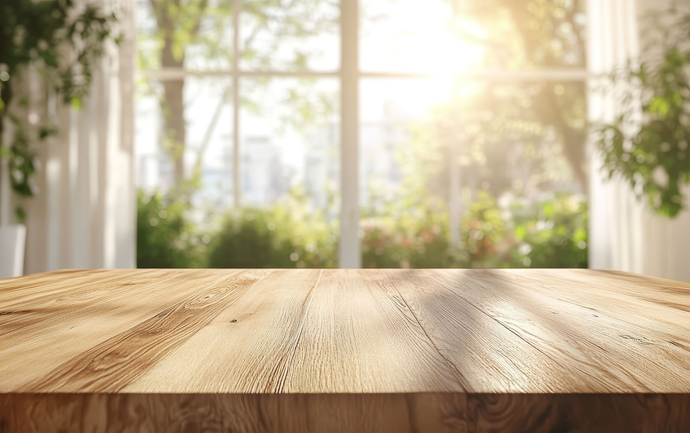 Mesa de madera iluminada por luz natural que entra a través de grandes ventanales, con vista a un jardín exterior.