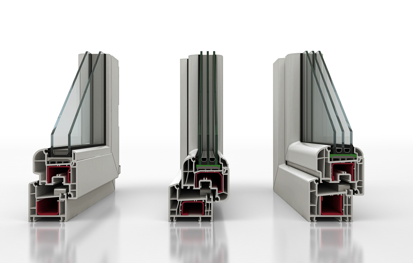 Corte transversal de tres tipos de ventanas con doble y triple acristalamiento, mostrando sus capas y perfiles para mejorar el aislamiento térmico y la eficiencia energética.