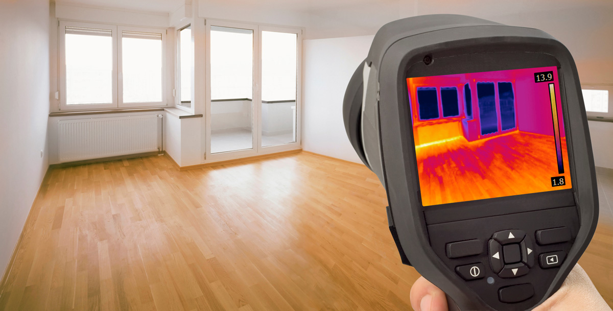 Cámara termográfica mostrando pérdidas de calor en una habitación con ventanas.