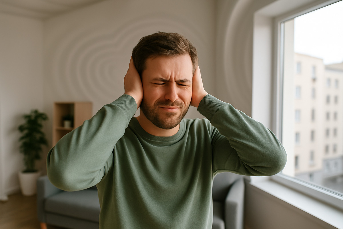 Hombre tapándose los oídos por el eco y ruido en interiores