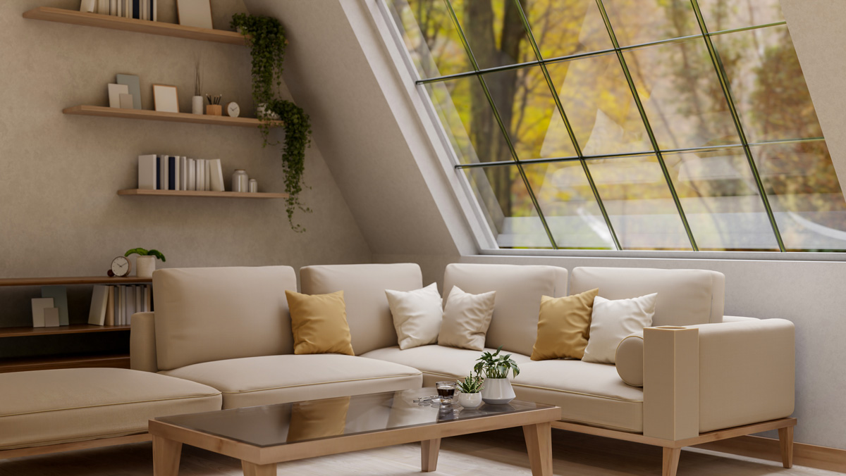 Salón residencial con grandes ventanales de vidrio inteligente