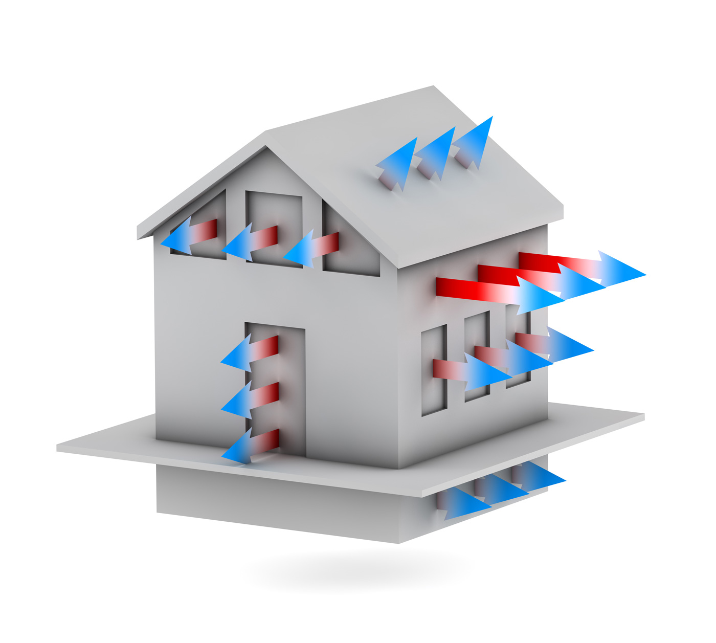 Esquema de una vivienda perdiendo energía por ventanas y paredes con flechas rojas y azules