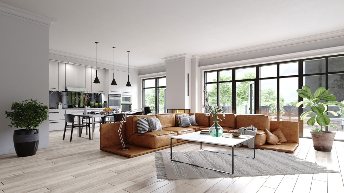 Salón moderno con grandes ventanales de aislamiento acústico y térmico CLIMALIT®