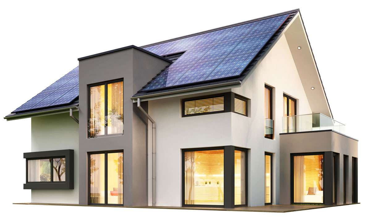 Casa moderna con paneles solares y ventanas de alto aislamiento térmico y acústico CLIMALIT PLUS®.