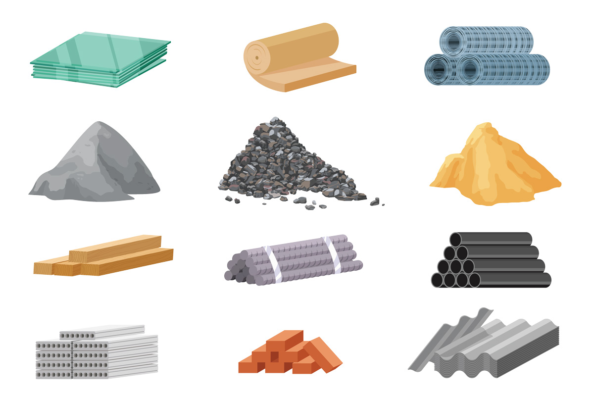 Ilustración de distintos materiales de construcción con diferentes niveles de conductividad térmica.